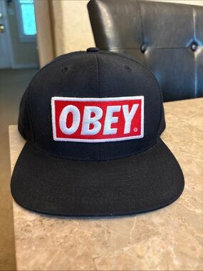 Obey Black Snapback Hat with Red and White Patch
